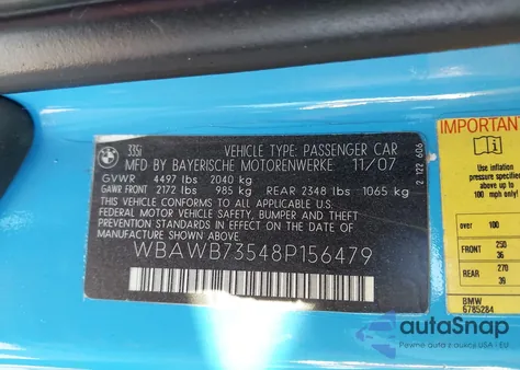 2008 BMW 335I from USA, damaged, VIN WBAWB73548P156479